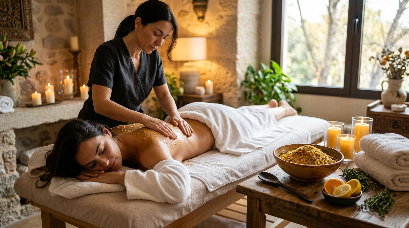 Exfoliation with botanical salts and organic oils in beauty center