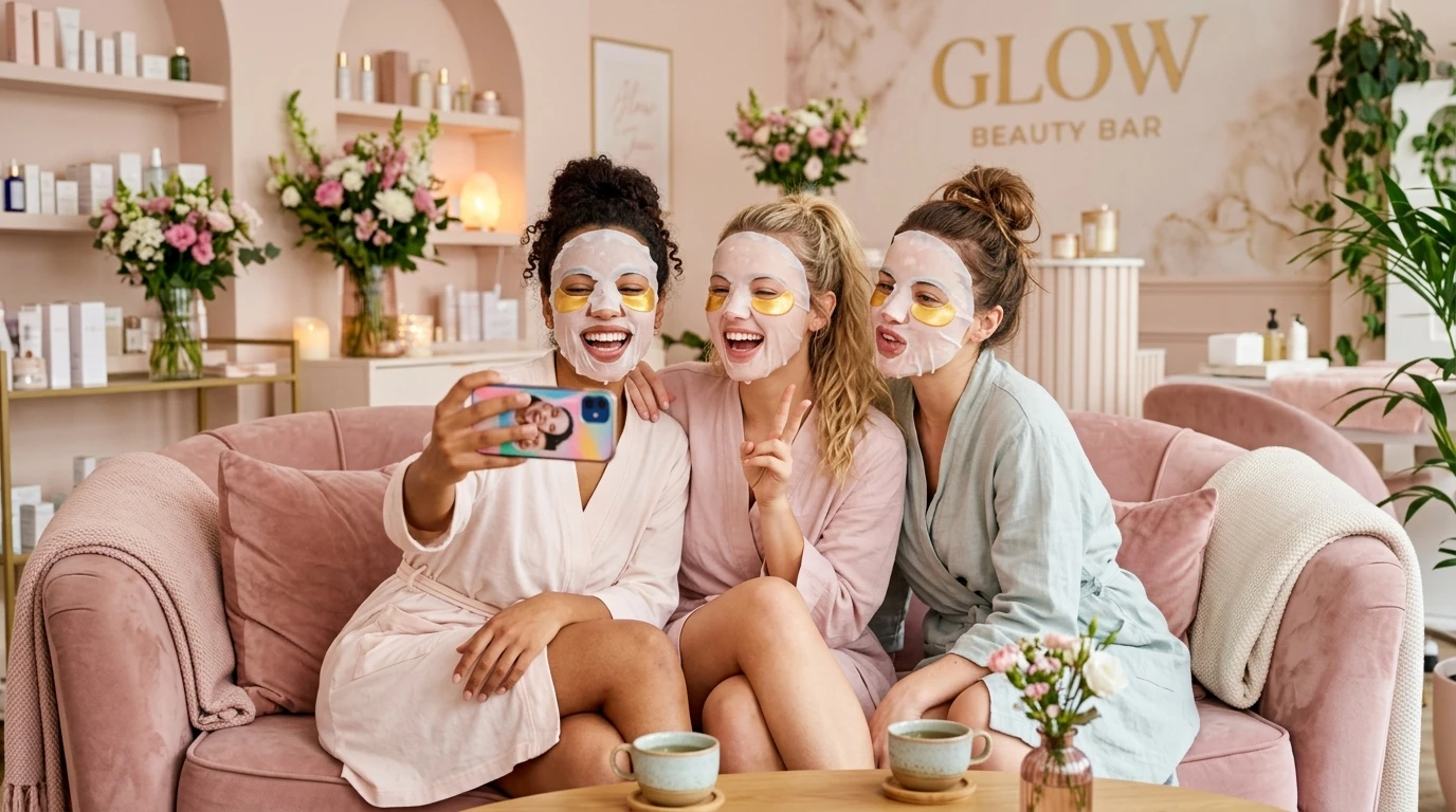 Mascarillas faciales iluminadoras y parches para madre e hija en salón de belleza