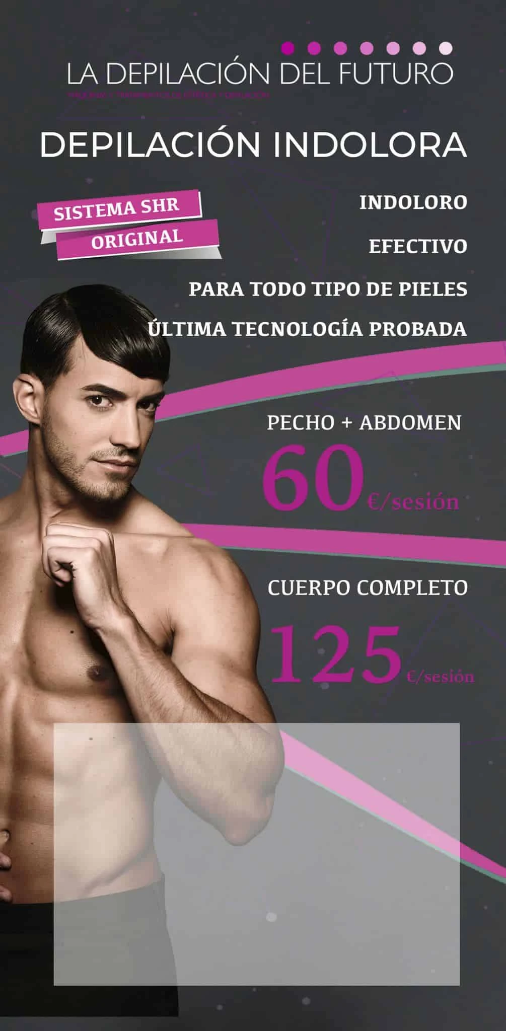 Cartel oficial de tarifas y promociones depilación indolora SHR hombre en Madrid