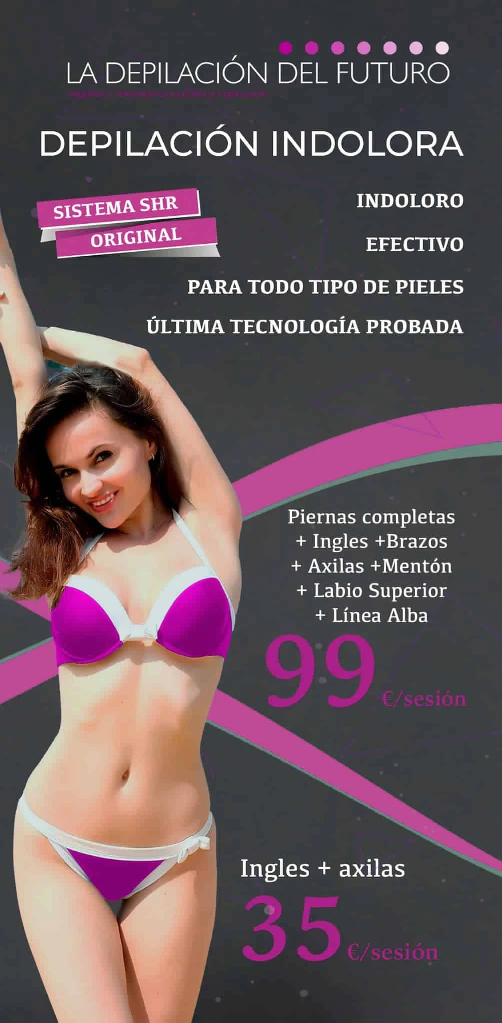 Cartel oficial de tarifas y promociones depilación indolora SHR mujer en Madrid