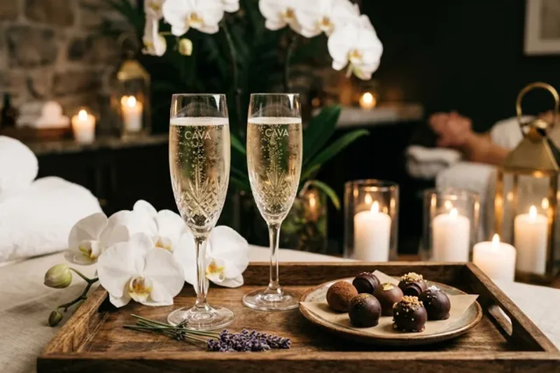Brindis con dos copas de cava y bombones artesanos de chocolate para parejas